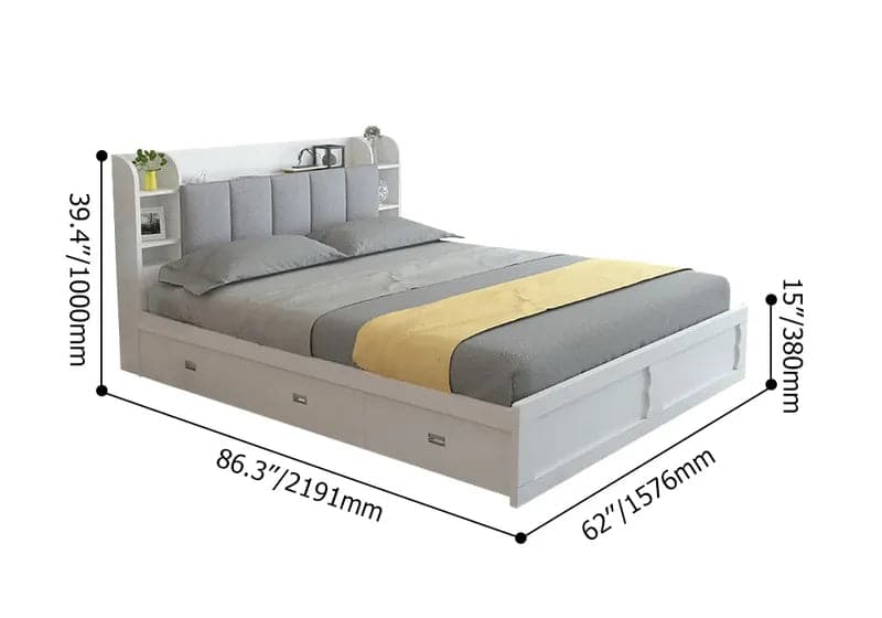 Modern White Storage Queen Bed Low Profile Queen Bed with 3 Drawers