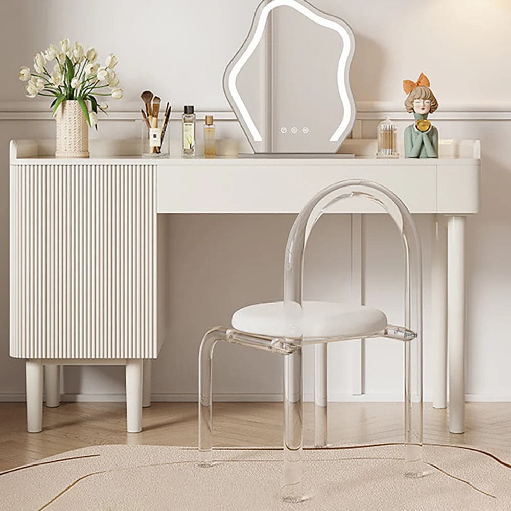 Tabouret de vanité blanc moderne avec dossier en velours, chaise en acrylique rembourrée pour chambre à coucher