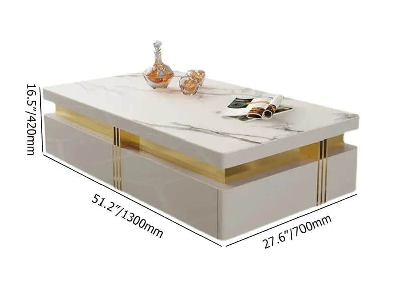 Table basse moderne en bois avec rangement en blanc Table centrale base en acier inoxydable