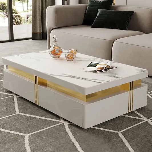 Table basse moderne en bois avec rangement en blanc Table centrale base en acier inoxydable