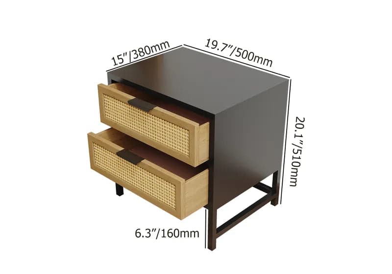 Table de chevet moderne en bois et rotin avec 2 tiroirs de rangement pour chambre à coucher
