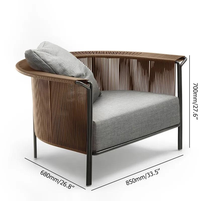 Fauteuil tonneau d'extérieur moderne en rotin tissé avec bord évasé au dossier en marron et gris