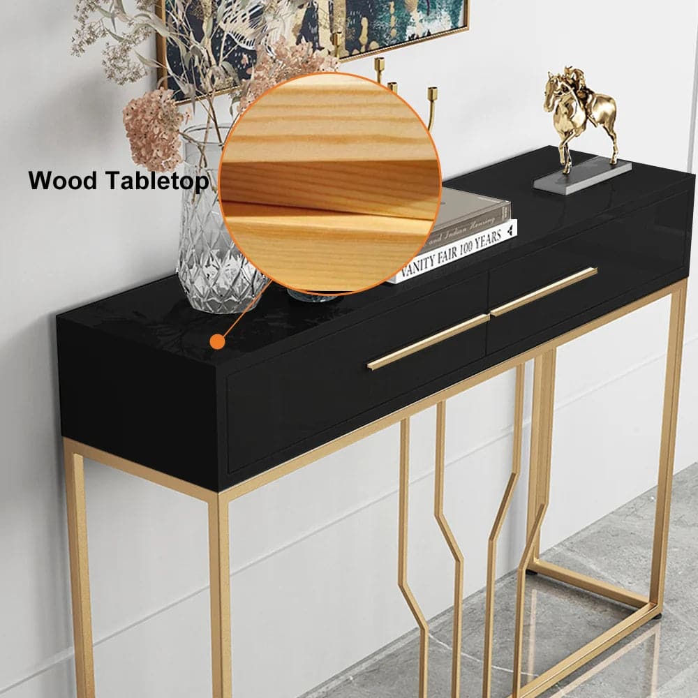 Table console étroite avec tiroirs, plateau en bois noir