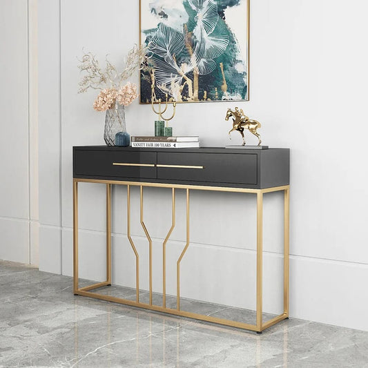 Narrow Console Table with Drawers Wood Top in Black