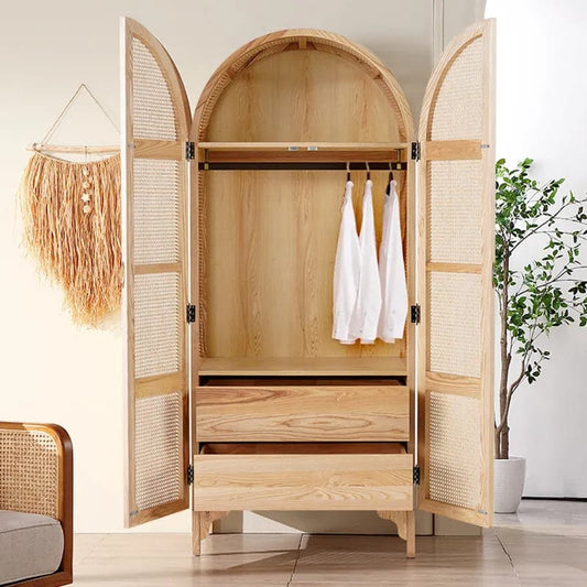 Natural&Black Woven Rattan Bedroom Clothing Armoire with Hidden 2 Doors and Drawers Wardrobe#Natural