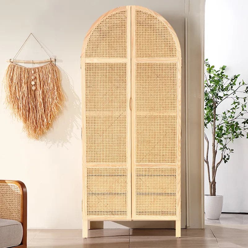 Natural&Black Woven Rattan Bedroom Clothing Armoire with Hidden 2 Doors and Drawers Wardrobe#Natural