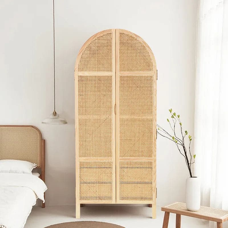 Natural&Black Woven Rattan Bedroom Clothing Armoire with Hidden 2 Doors and Drawers Wardrobe#Natural