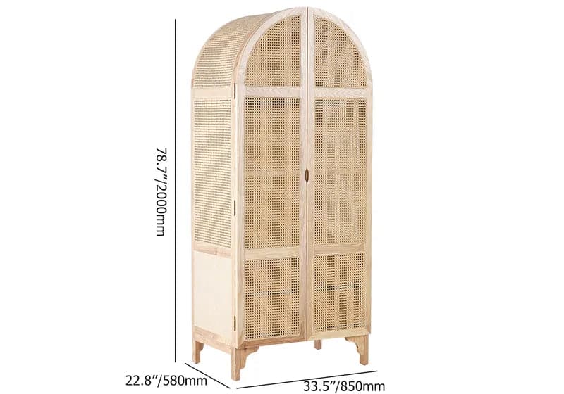 Natural&Black Woven Rattan Bedroom Clothing Armoire with Hidden 2 Doors and Drawers Wardrobe#Natural