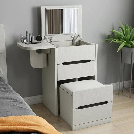 Nordic Flip Top White &Natural Makeup Vanity Mini with Stool & Mirror