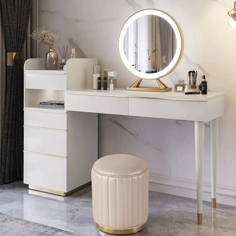 Off-white Makeup Vanity Set Dressing Table with Lighted Mirror Cabinet and Stool Included#Off White