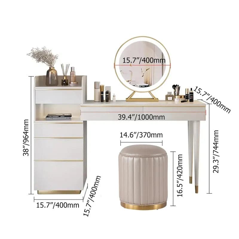 Off-white Makeup Vanity Set Dressing Table with Lighted Mirror Cabinet and Stool Included#Off White