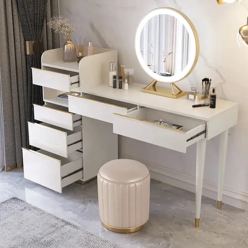 White Makeup Vanity with Nesting Stool Dressing Table with 5 Drawers &  Mirror