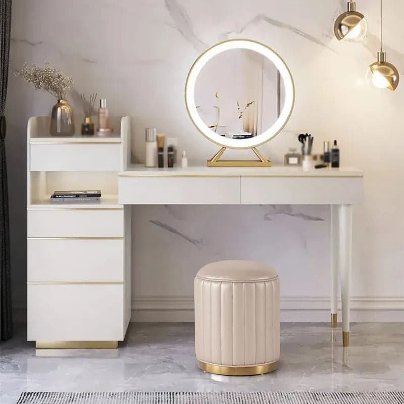 Off-white Makeup Vanity Set Dressing Table with Lighted Mirror Cabinet and Stool Included#Off White