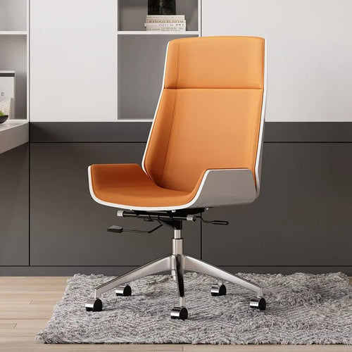 Chaise de bureau en simili cuir orange et noir, avec roulettes et hauteur réglable