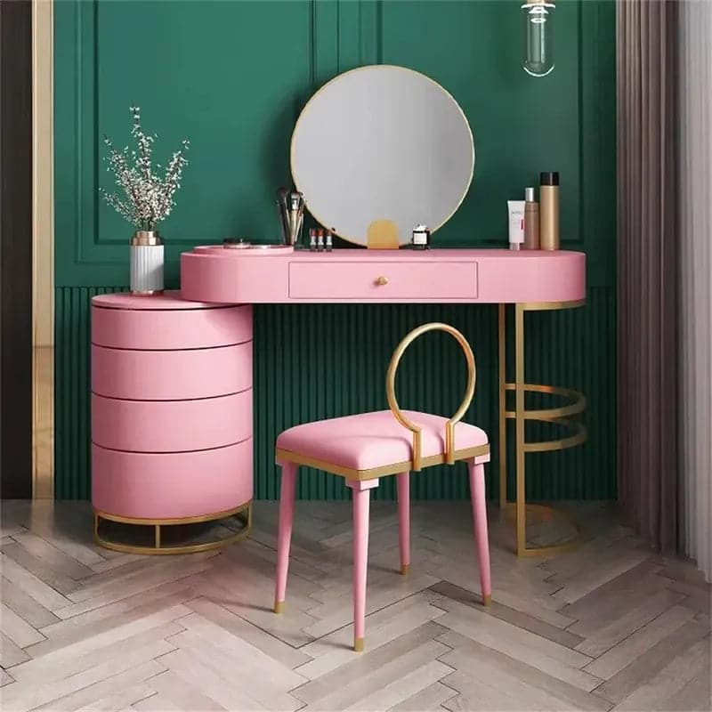 Pink Girls Makeup Vanity Set with Side Cabinet 4 Drawers Dressing Table Mirror and Chair#Pink