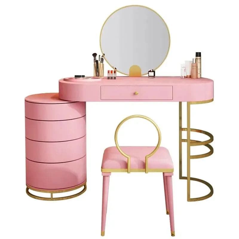 Pink Girls Makeup Vanity Set with Side Cabinet 4 Drawers Dressing Table Mirror and Chair#Pink