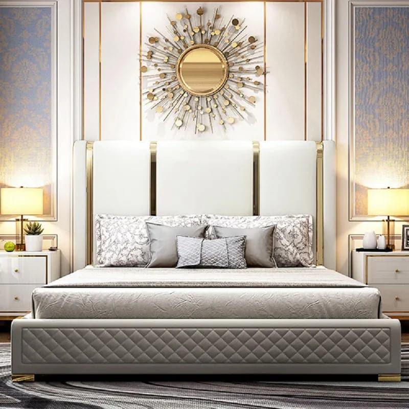 Modern Upholstered King Bed Polished Gold and Faux Leather Headboard Included