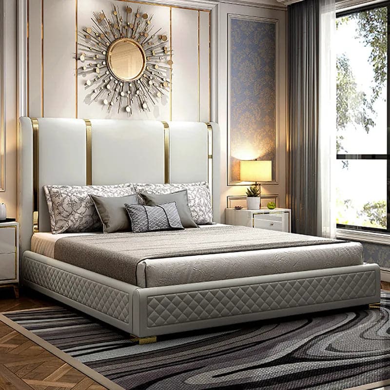 Modern Upholstered King Bed Polished Gold and Faux Leather Headboard Included