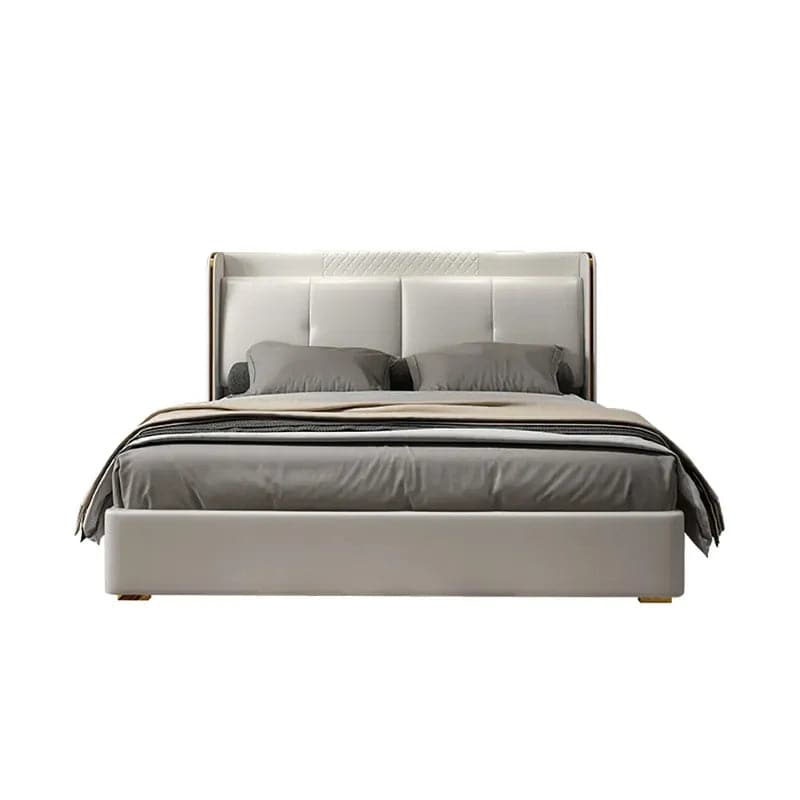 Queen Upholstered Platform Bed with Faux Leather Wingback Headboard in Off-White