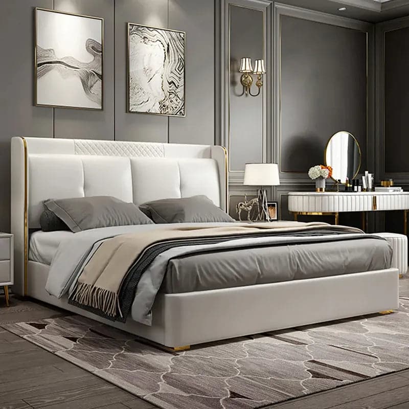 Queen Upholstered Platform Bed with Faux Leather Wingback Headboard in Off-White