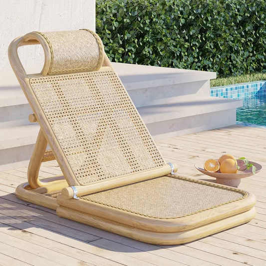 Rattan & Wood Outdoor Long Reclining Chaise Patio Lounge Chair in Natural