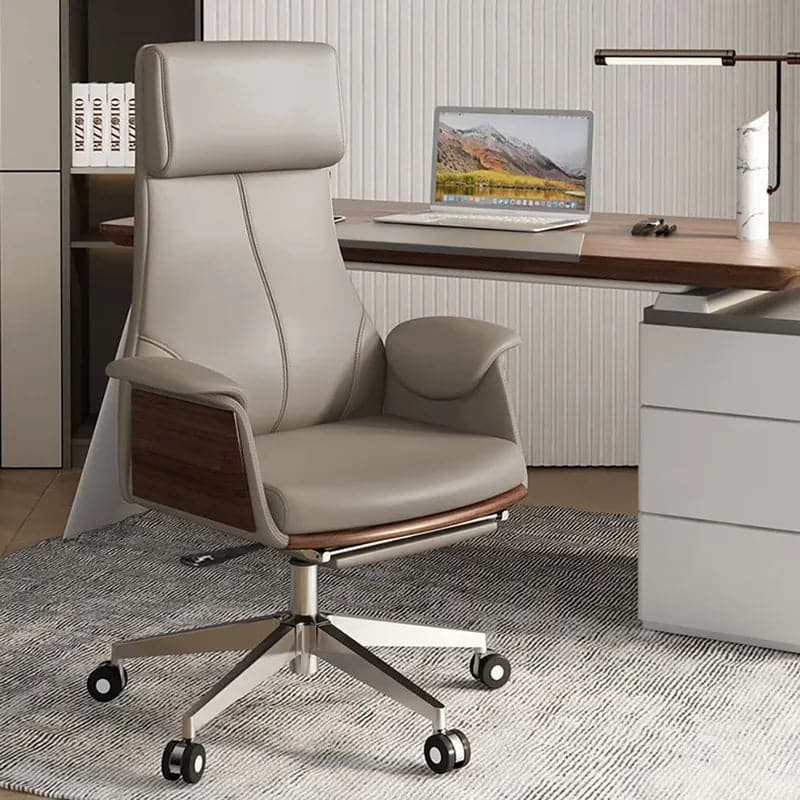 Reclining Leather Office Desk Chair High Back Adjustable Swivel Khaki Executive Chair