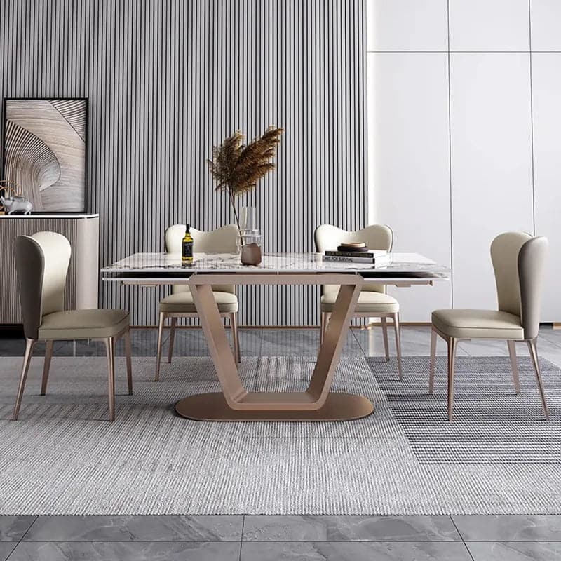 Table de salle à manger extensible rectangulaire avec plateau en pierre frittée et base en acier inoxydable