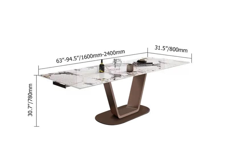 Table de salle à manger extensible rectangulaire avec plateau en pierre frittée et base en acier inoxydable