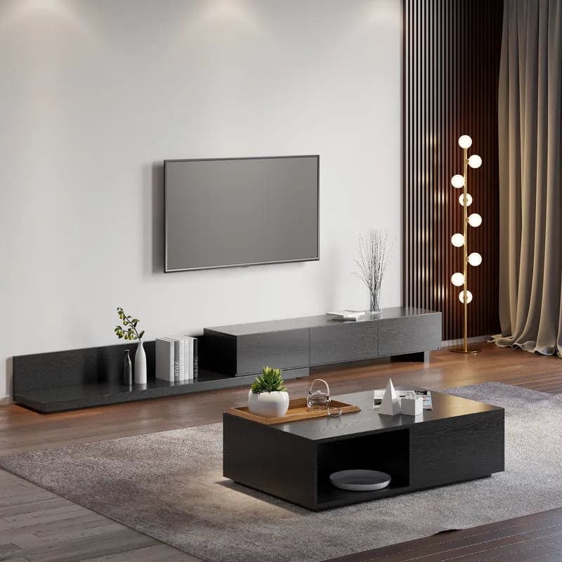 Rectangle Wood Extendable TV Stand Black Media Console with 3-Drawer#Black