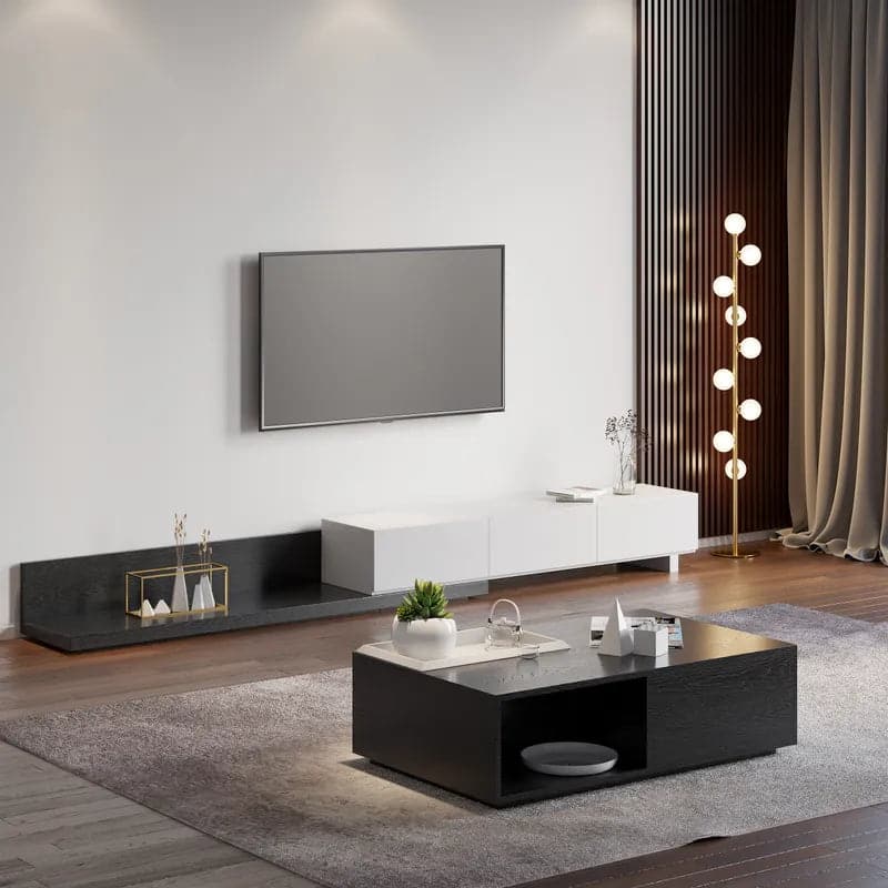 Rectangle Wood Extendable TV Stand White and Black Media Console with 3-Drawer#White & Black