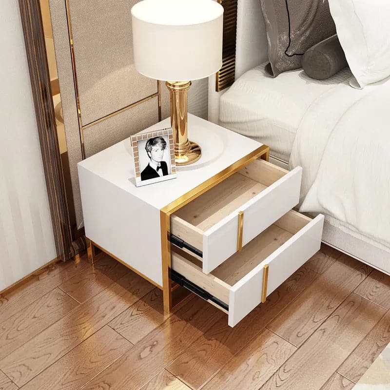 White Lacquer Nightstand with 2 Drawers Stainless Steel in Gold