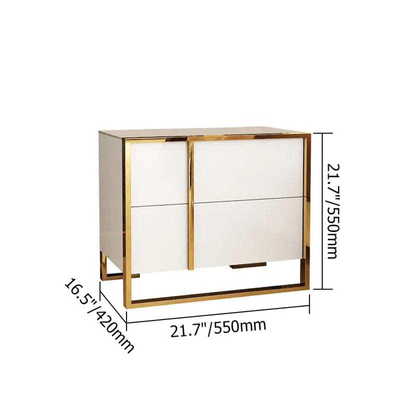 White Lacquer Nightstand with 2 Drawers Stainless Steel in Gold