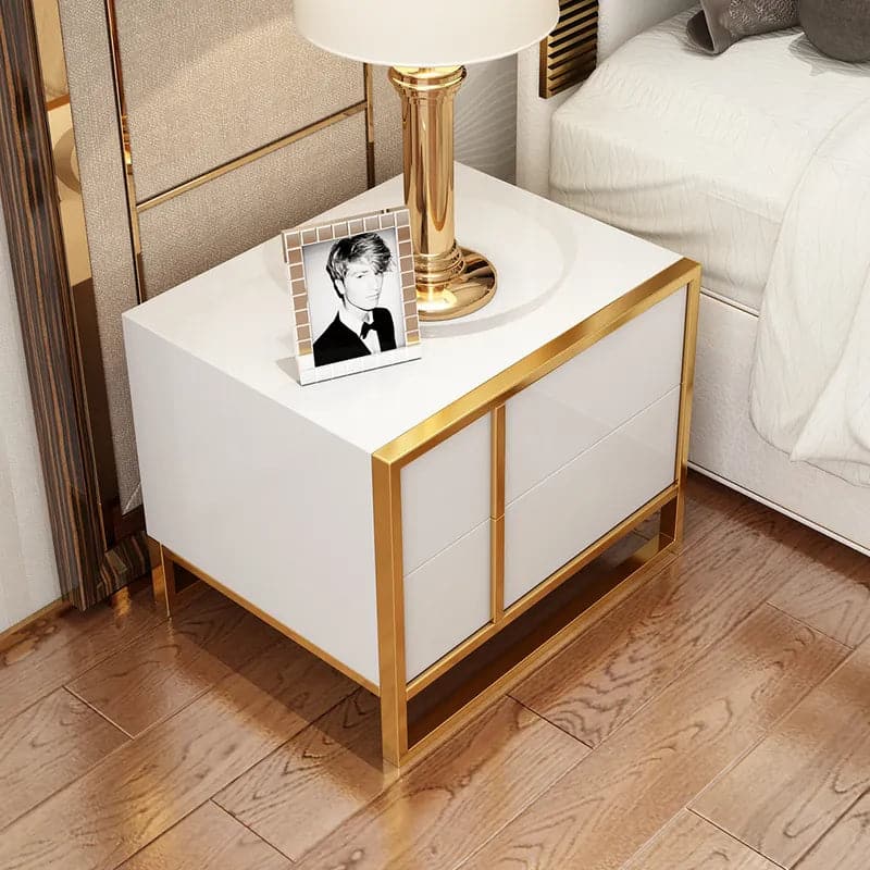 White Lacquer Nightstand with 2 Drawers Stainless Steel in Gold