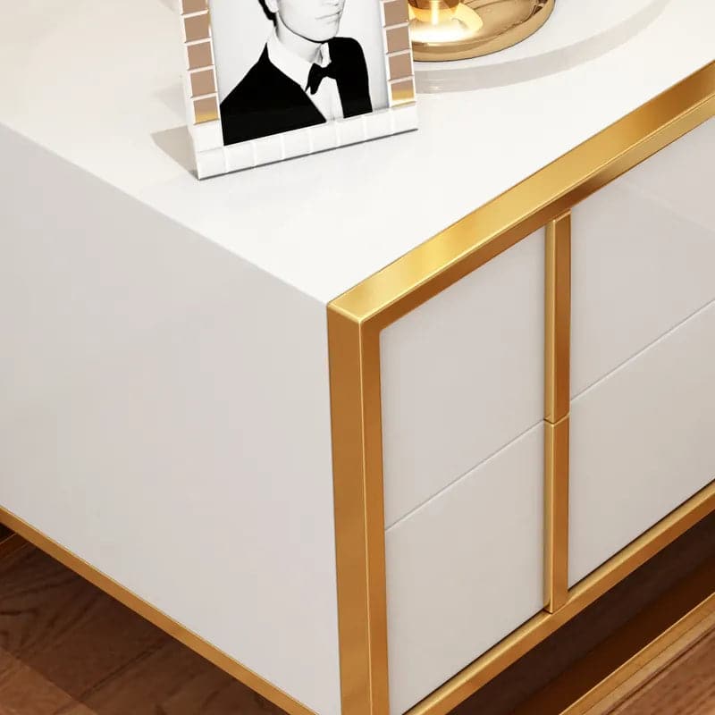 White Lacquer Nightstand with 2 Drawers Stainless Steel in Gold