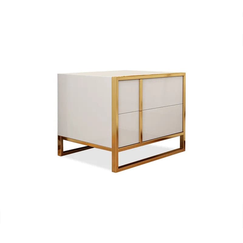 White Lacquer Nightstand with 2 Drawers Stainless Steel in Gold