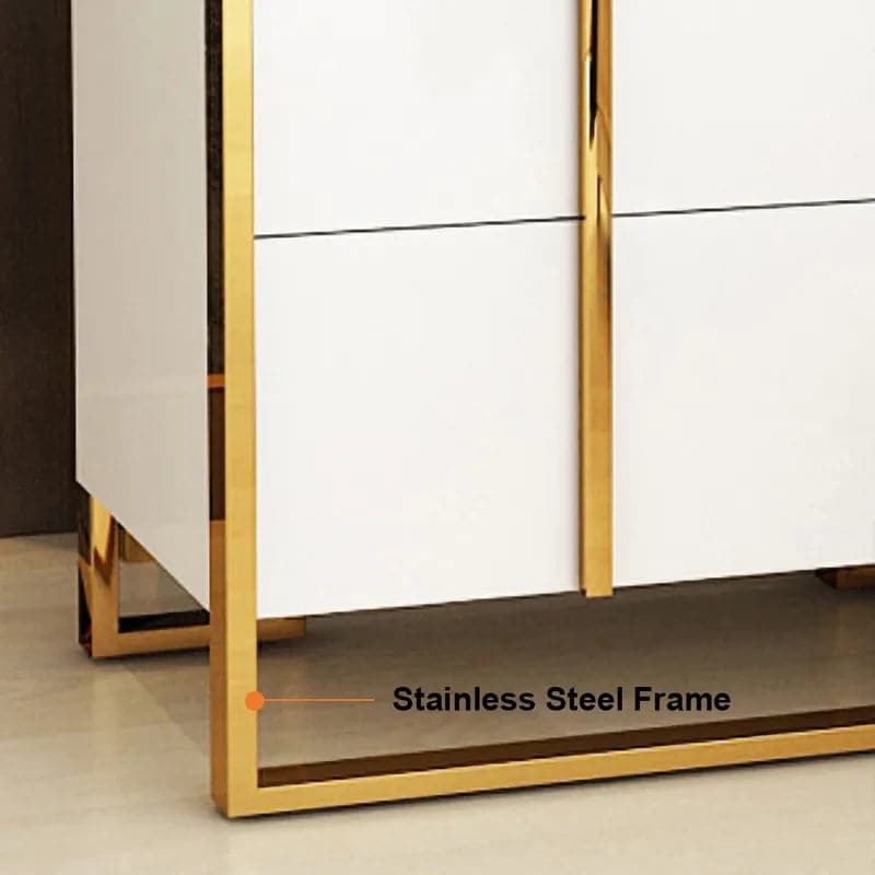 White Lacquer Nightstand with 2 Drawers Stainless Steel in Gold