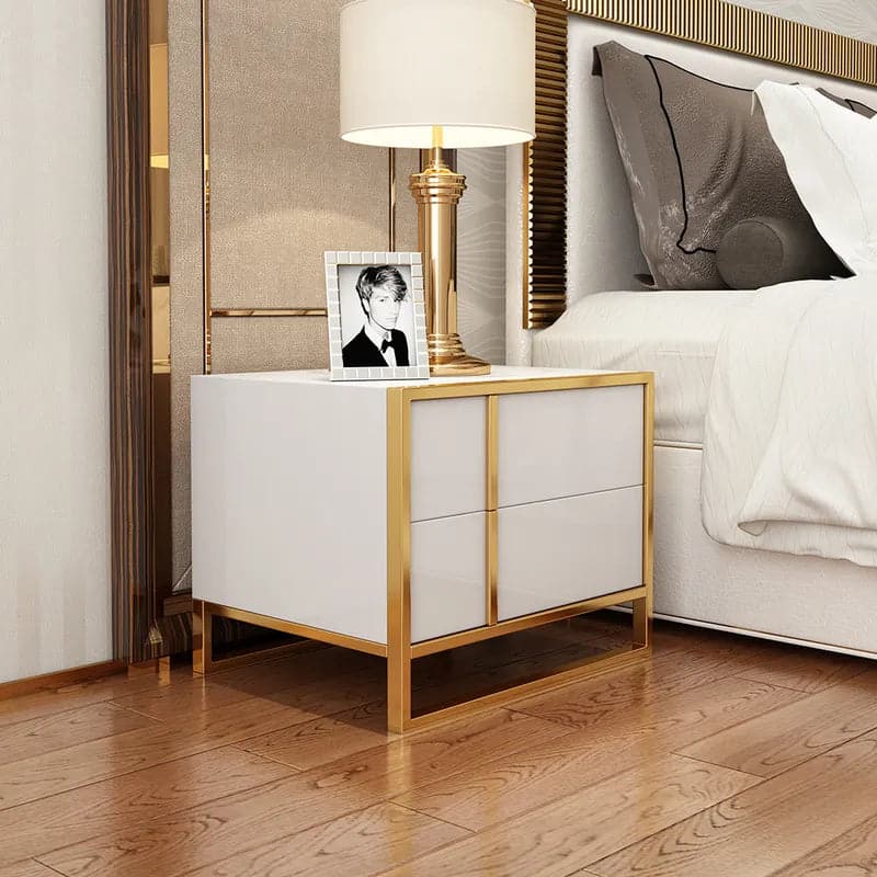 White Lacquer Nightstand with 2 Drawers Stainless Steel in Gold