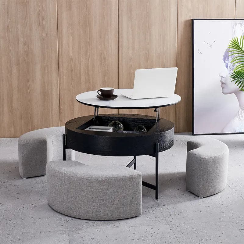 Modern Round Lift-Top Coffee Table with Storage & 3 Ottoman#White & Black