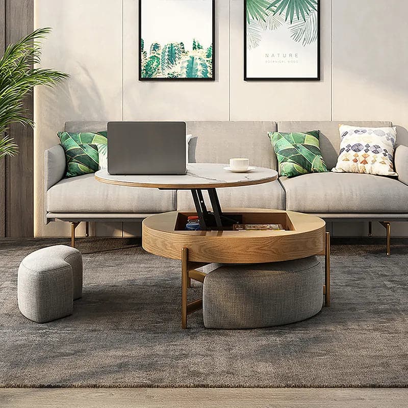 Round Lift-Top Coffee Table with Storage White & Natural without Stools#White & Natural