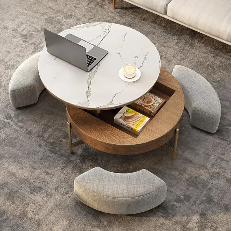 Round Lift Top Coffee Table with Storage White Natural