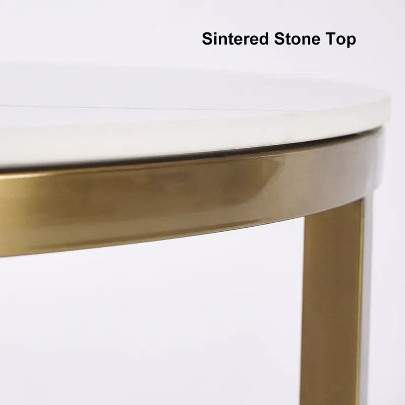 Round Modern Stone Top Nesting Coffee Table Fluted with Drawer in White & Gold