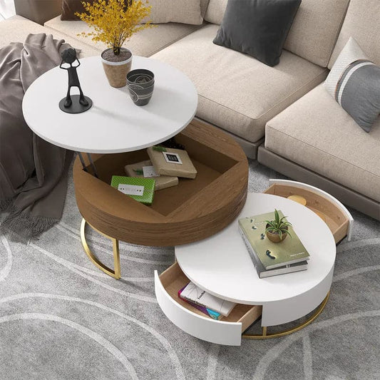 Products Round Wood White & Black Lift-top Nesting Coffee Table with Rotatable Drawers#White & Walnut