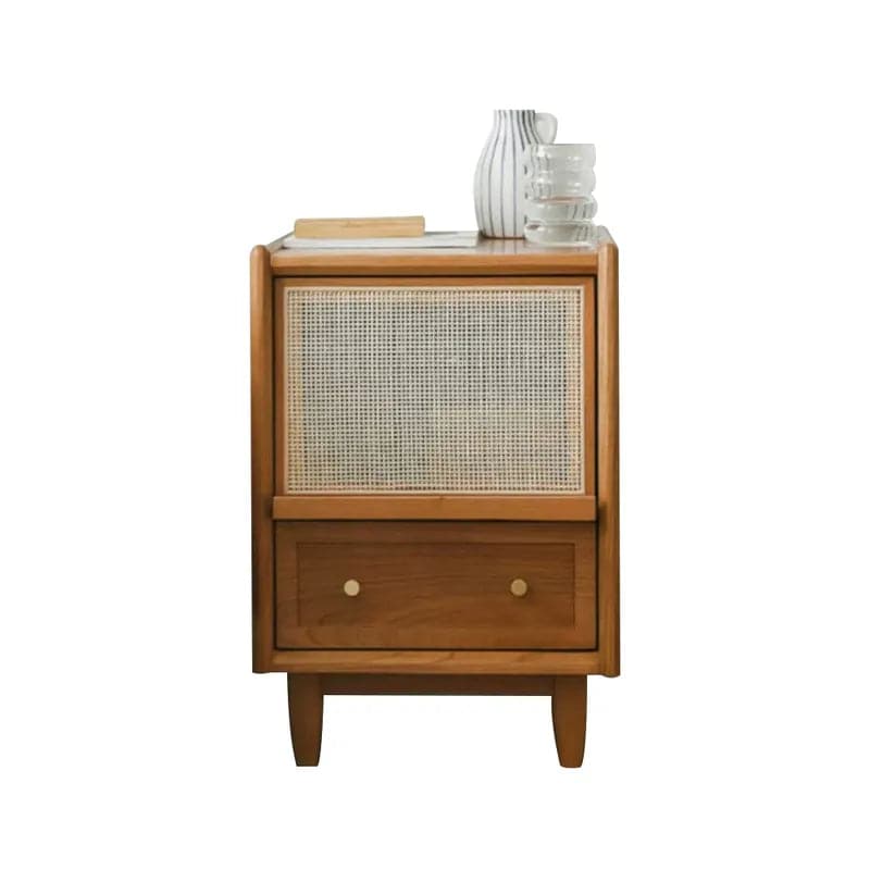 Rustic Rattan Nightstand with Storage Solid Wood Bedside Table in Walnut