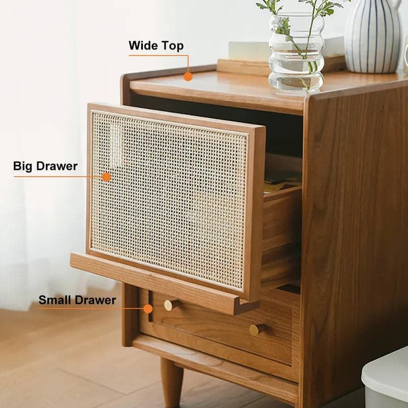 Rustic Rattan Nightstand with Storage Solid Wood Bedside Table in Walnut
