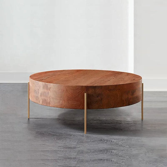 Table basse ronde rustique avec pieds en métal et plateau en bois massif
