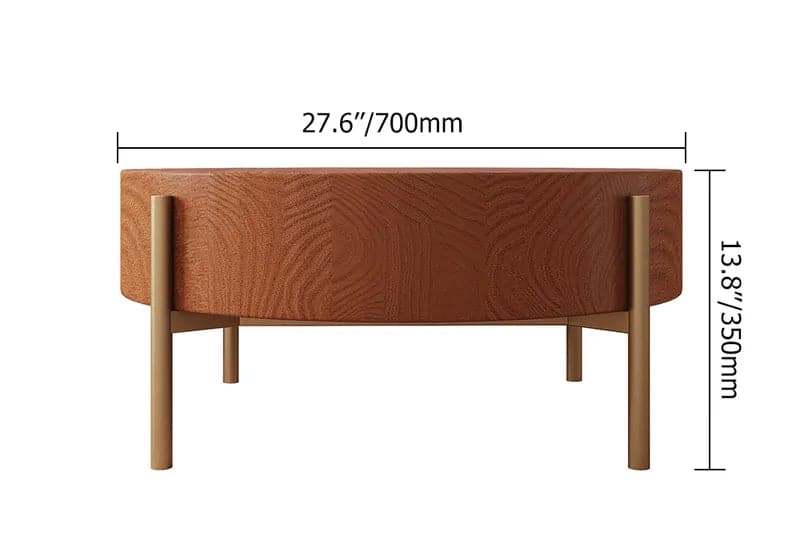 Table basse ronde rustique avec pieds en métal et plateau en bois massif