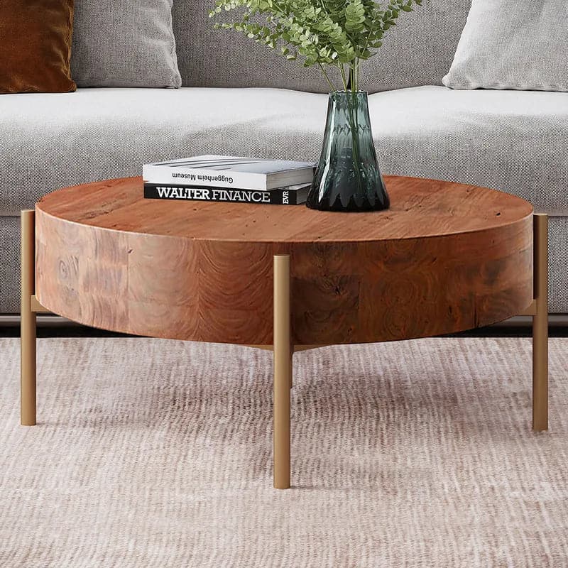 Table basse ronde rustique avec pieds en métal et plateau en bois massif