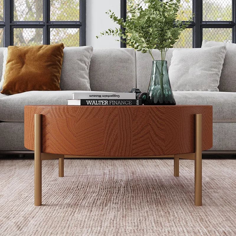 Table basse ronde rustique avec pieds en métal et plateau en bois massif