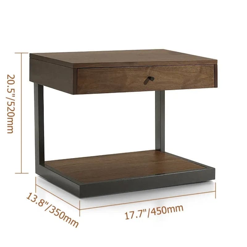 Table de chevet rustique en noyer avec tiroir et étagère, table de chevet en bois et métal noir
