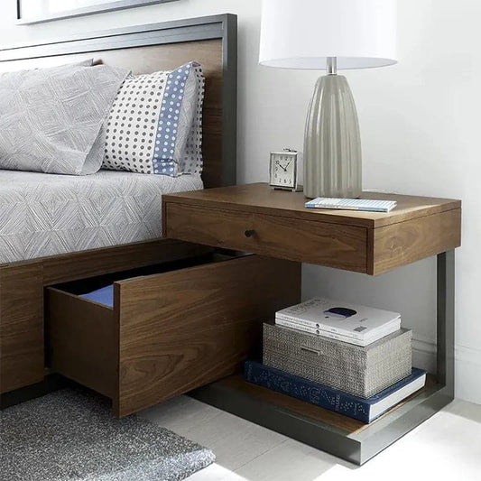 Rustic Walnut Bedroom Nightstand with Drawer with Shelf Bedside Table Wood & Black Metal